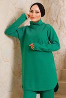 Tesettür giyim YEŞİL MANŞETLERİ DÜĞMELİ PANTOLONLU TAKIM 7382 