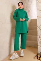 Tesettür giyim YEŞİL MANŞETLERİ DÜĞMELİ PANTOLONLU TAKIM 7382 
