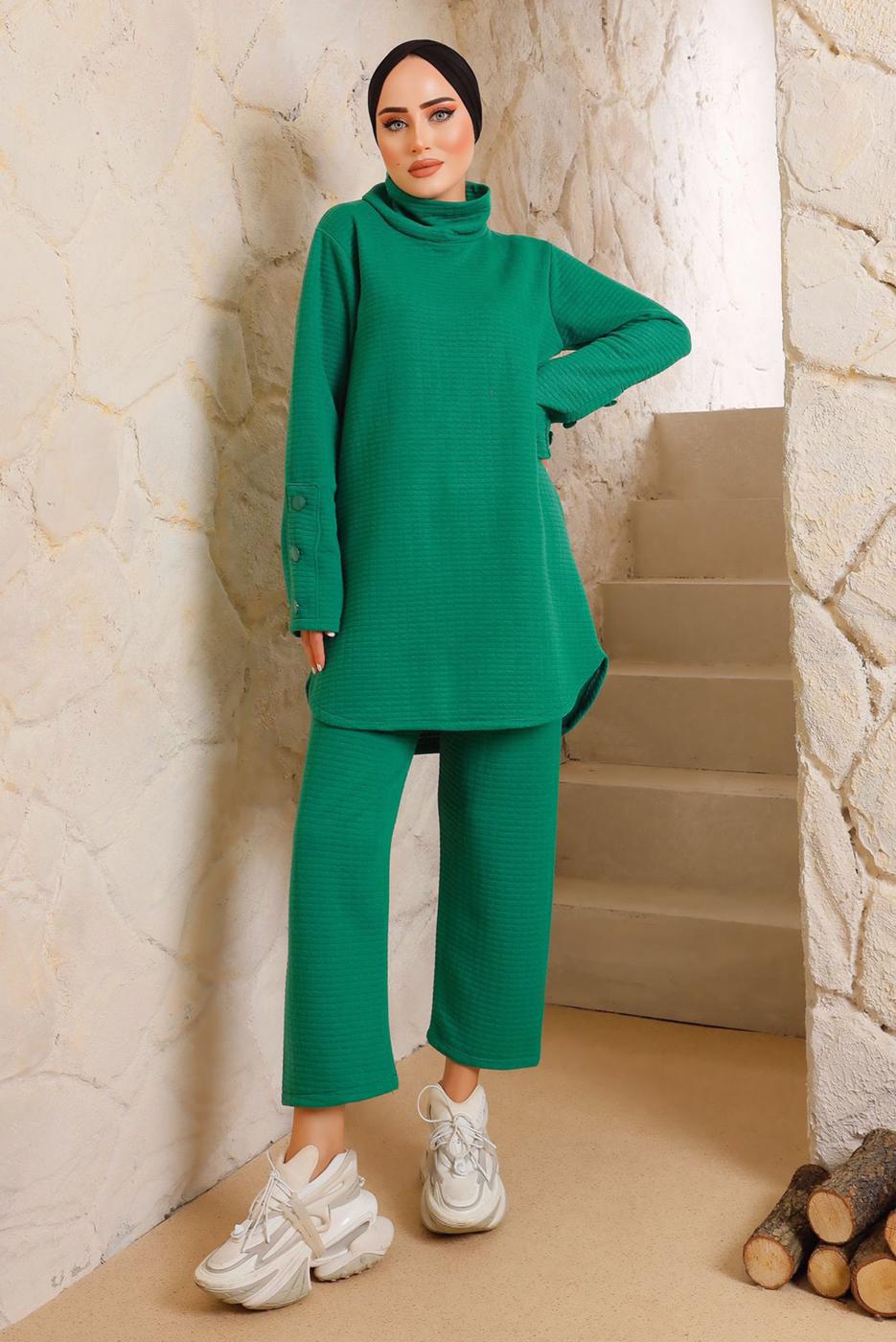 Tesettür giyim YEŞİL MANŞETLERİ DÜĞMELİ PANTOLONLU TAKIM 7382 