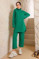 Tesettür giyim YEŞİL MANŞETLERİ DÜĞMELİ PANTOLONLU TAKIM 7382 