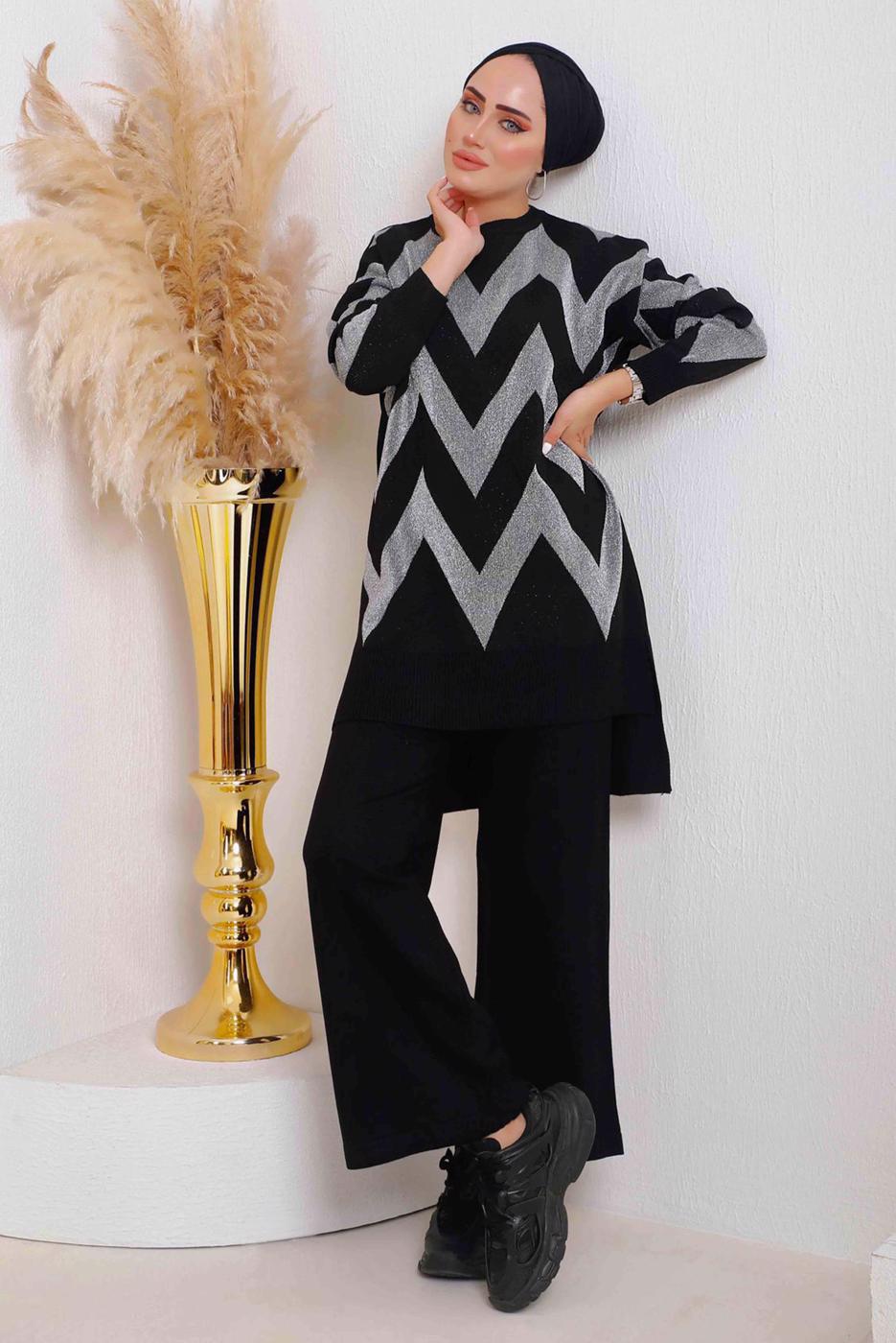 Vêtements hijab NOIR ENSEMBLE EN MAILLE MOTIF ZIGZAG 7592