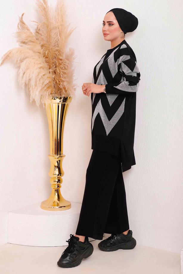 Vêtements hijab NOIR ENSEMBLE EN MAILLE MOTIF ZIGZAG 7592 - TRENDTESETTÜR