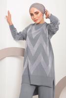 Tesettür giyim GRİ ZİKZAK DESENLİ TRİKO TAKIM 7592	