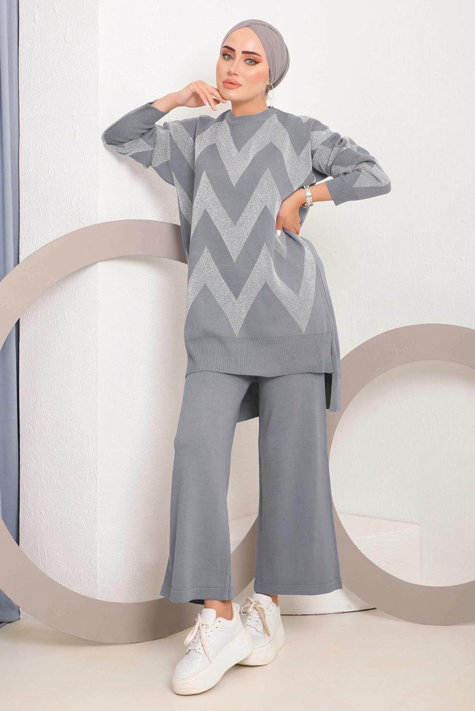 Tesettür giyim GRİ ZİKZAK DESENLİ TRİKO TAKIM 7592	