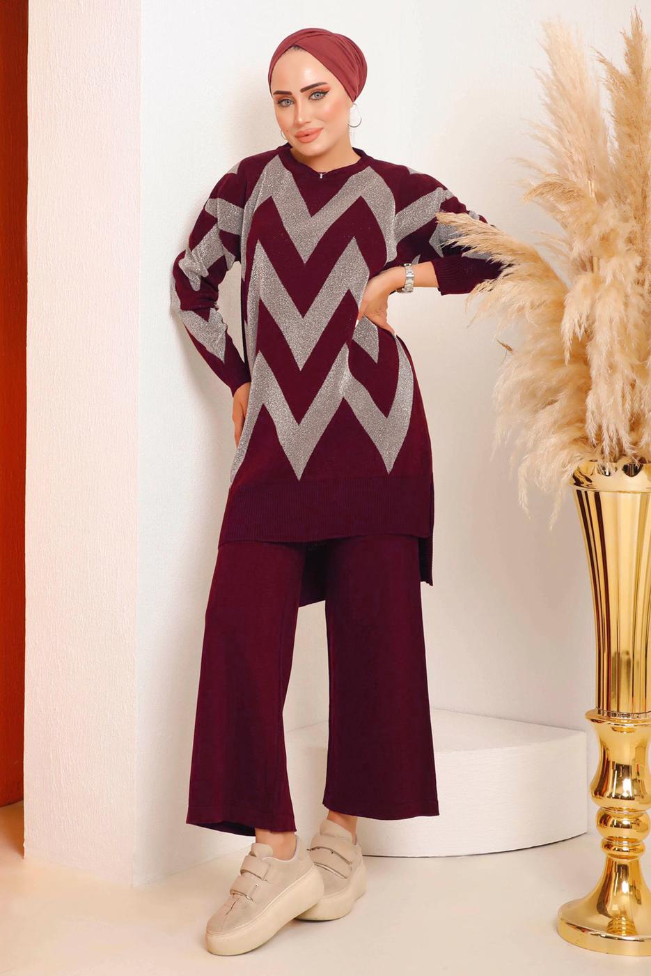 Tesettür giyim BORDO ZİKZAK DESENLİ TRİKO TAKIM 7592	