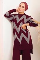 Tesettür giyim BORDO ZİKZAK DESENLİ TRİKO TAKIM 7592	