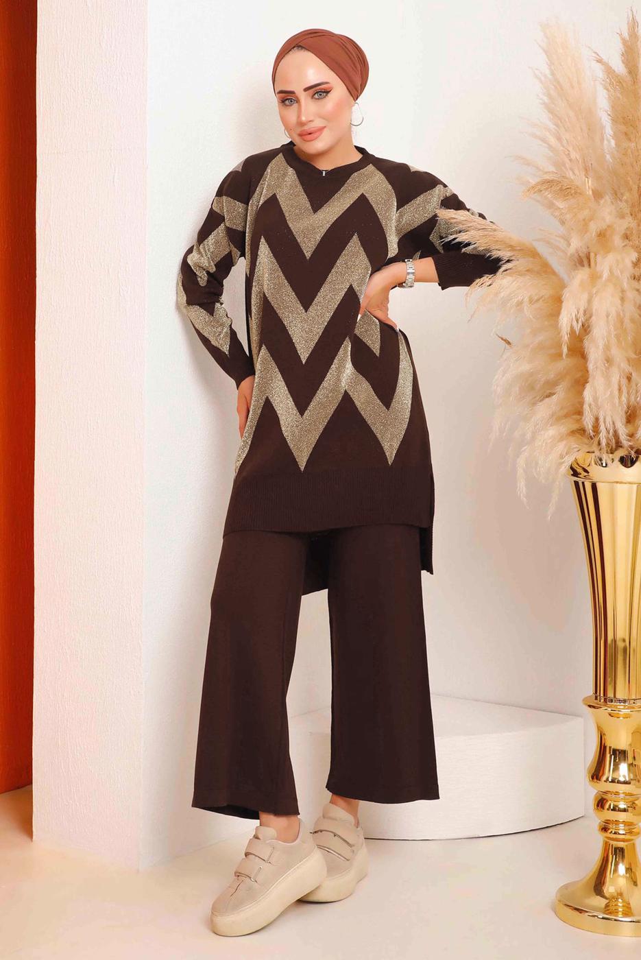Tesettür giyim KAHVE ZİKZAK DESENLİ TRİKO TAKIM 7592	