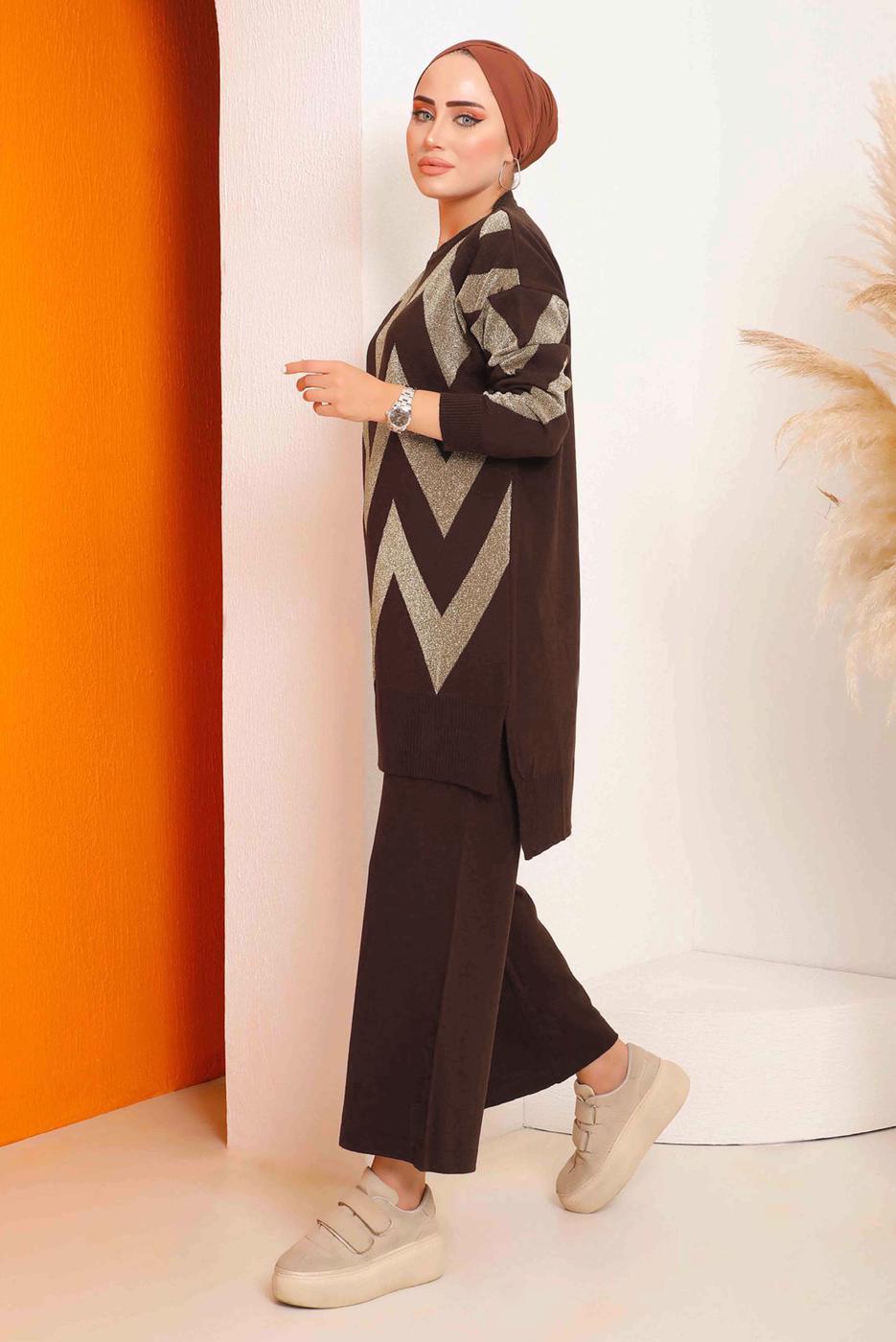 Tesettür giyim KAHVE ZİKZAK DESENLİ TRİKO TAKIM 7592	