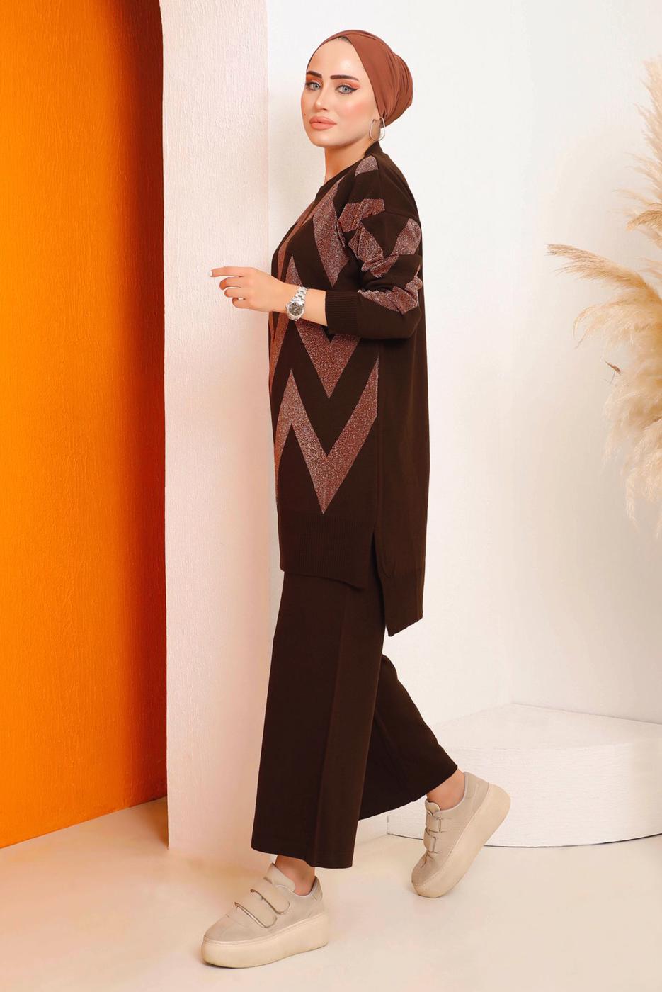 Vêtements hijab BRUN ENSEMBLE EN MAILLE MOTIF ZIGZAG 7592