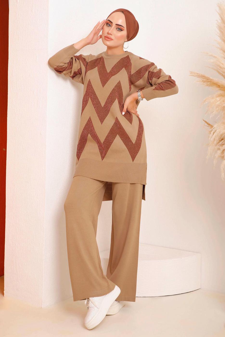 Tesettür giyim TABA ZİKZAK DESENLİ TRİKO TAKIM 7592	