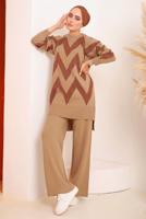 Tesettür giyim TABA ZİKZAK DESENLİ TRİKO TAKIM 7592	