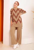 Tesettür giyim TABA ZİKZAK DESENLİ TRİKO TAKIM 7592	