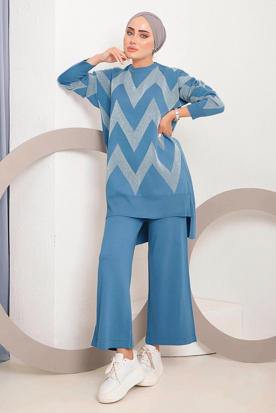 Hijab clothing NAVY BLUE ZIGZAG PATTERN KNITWEAR SUIT 7592 