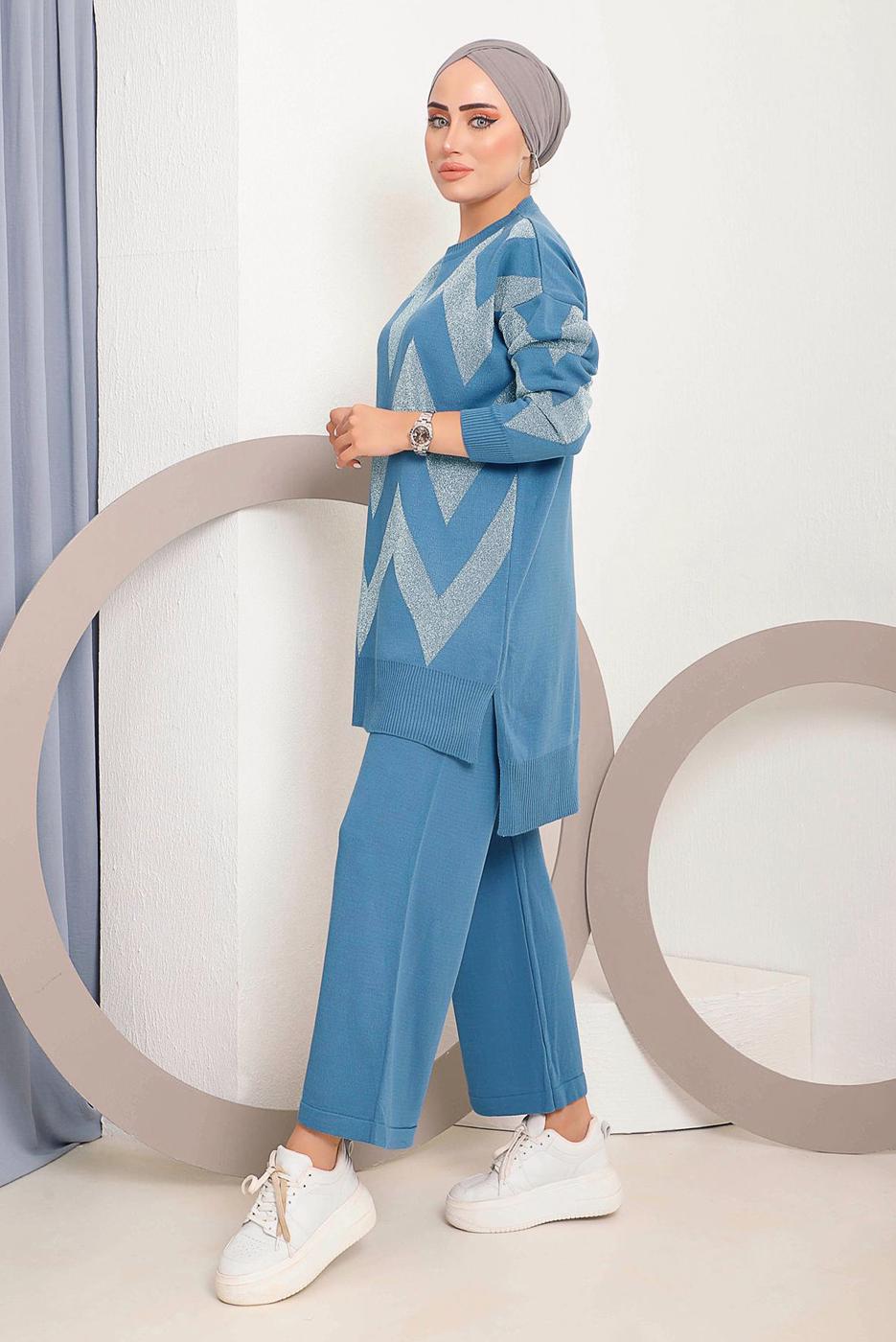 Hijab clothing NAVY BLUE ZIGZAG PATTERN KNITWEAR SUIT 7592 