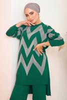 Tesettür giyim YEŞİL ZİKZAK DESENLİ TRİKO TAKIM 7592	