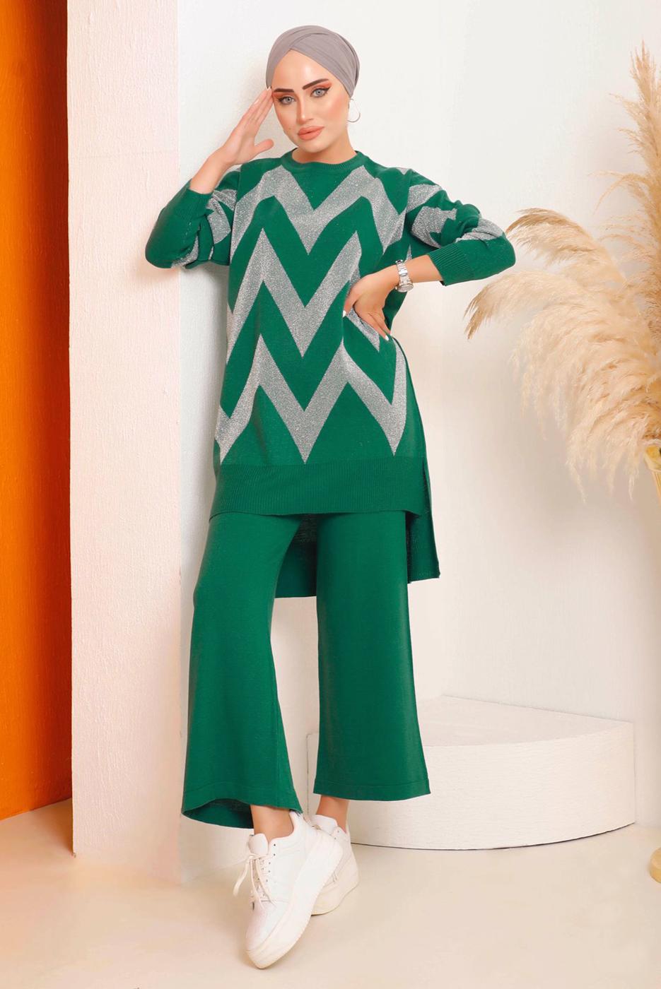 Tesettür giyim YEŞİL ZİKZAK DESENLİ TRİKO TAKIM 7592	