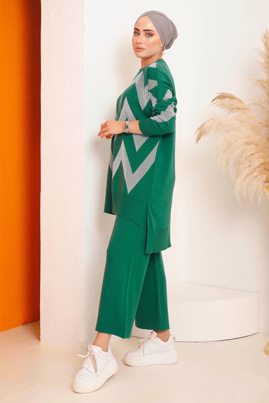 Tesettür giyim YEŞİL ZİKZAK DESENLİ TRİKO TAKIM 7592	