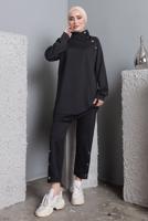 Tesettür giyim SİYAH BALIKÇI YAKA ZIMBA DETAYLI PANTOLONLU TAKIM T 7672