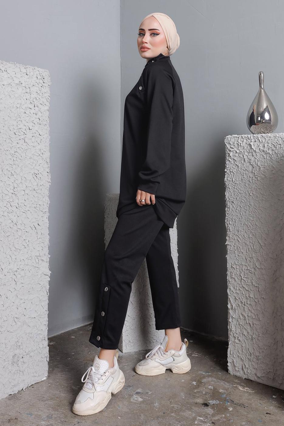 Tesettür giyim SİYAH BALIKÇI YAKA ZIMBA DETAYLI PANTOLONLU TAKIM T 7672