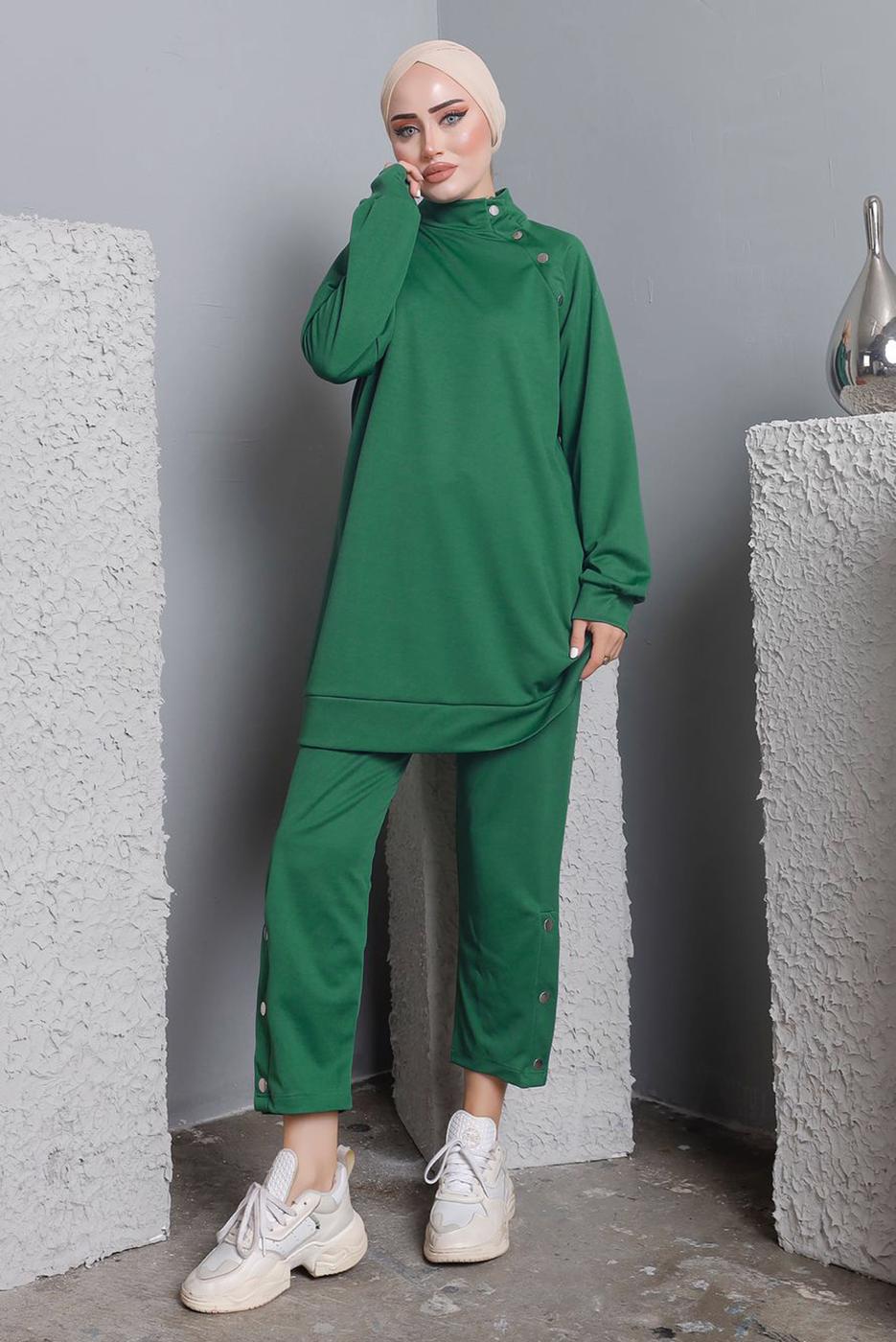 Tesettür giyim YEŞİL BALIKÇI YAKA ZIMBA DETAYLI PANTOLONLU TAKIM T 7672