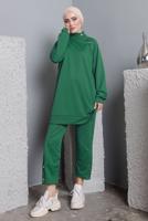 Tesettür giyim YEŞİL BALIKÇI YAKA ZIMBA DETAYLI PANTOLONLU TAKIM T 7672