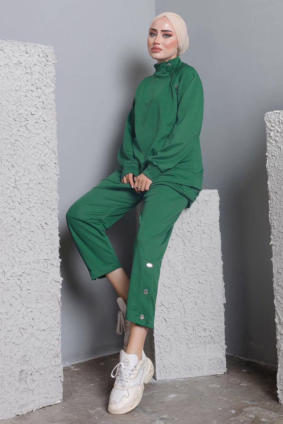 Tesettür giyim YEŞİL BALIKÇI YAKA ZIMBA DETAYLI PANTOLONLU TAKIM T 7672