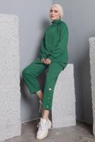 Tesettür giyim YEŞİL BALIKÇI YAKA ZIMBA DETAYLI PANTOLONLU TAKIM T 7672