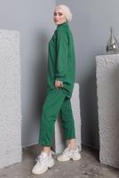 Tesettür giyim YEŞİL BALIKÇI YAKA ZIMBA DETAYLI PANTOLONLU TAKIM T 7672