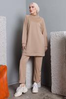 Tesettür giyim BEJ BALIKÇI YAKA ZIMBA DETAYLI PANTOLONLU TAKIM T 7672