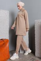 Tesettür giyim BEJ BALIKÇI YAKA ZIMBA DETAYLI PANTOLONLU TAKIM T 7672