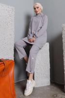 Tesettür giyim GRİ BALIKÇI YAKA ZIMBA DETAYLI PANTOLONLU TAKIM T 7672