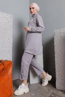 Tesettür giyim GRİ BALIKÇI YAKA ZIMBA DETAYLI PANTOLONLU TAKIM T 7672