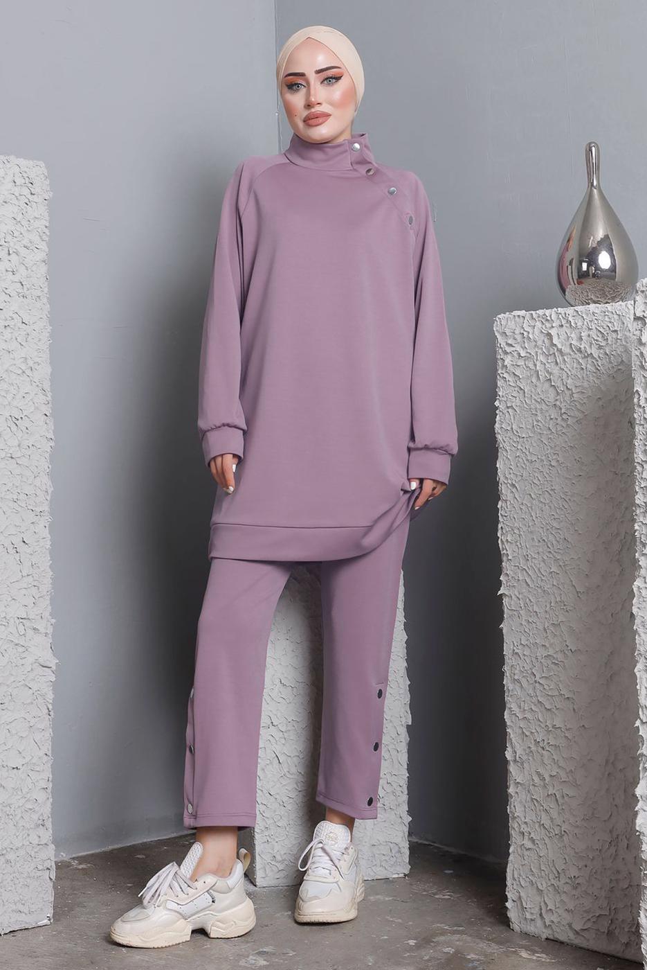 Tesettür giyim MOR BALIKÇI YAKA ZIMBA DETAYLI PANTOLONLU TAKIM T 7672