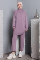 Tesettür giyim MOR BALIKÇI YAKA ZIMBA DETAYLI PANTOLONLU TAKIM T 7672