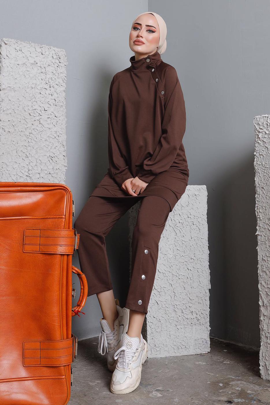 Tesettür giyim KAHVE BALIKÇI YAKA ZIMBA DETAYLI PANTOLONLU TAKIM T 7672