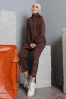 Tesettür giyim KAHVE BALIKÇI YAKA ZIMBA DETAYLI PANTOLONLU TAKIM T 7672