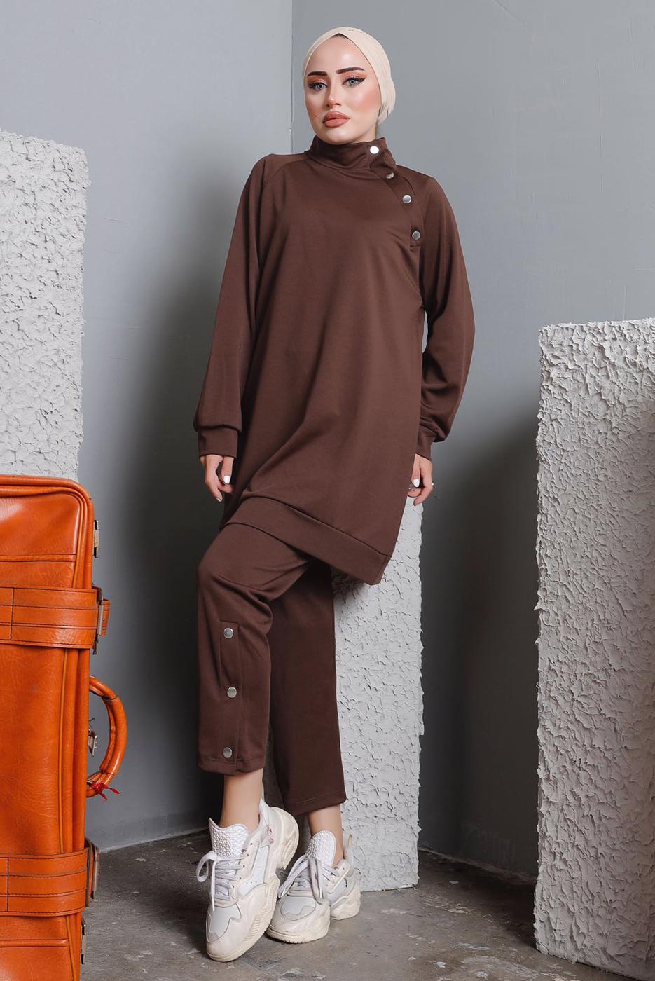 Tesettür giyim KAHVE BALIKÇI YAKA ZIMBA DETAYLI PANTOLONLU TAKIM T 7672