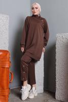 Tesettür giyim KAHVE BALIKÇI YAKA ZIMBA DETAYLI PANTOLONLU TAKIM T 7672
