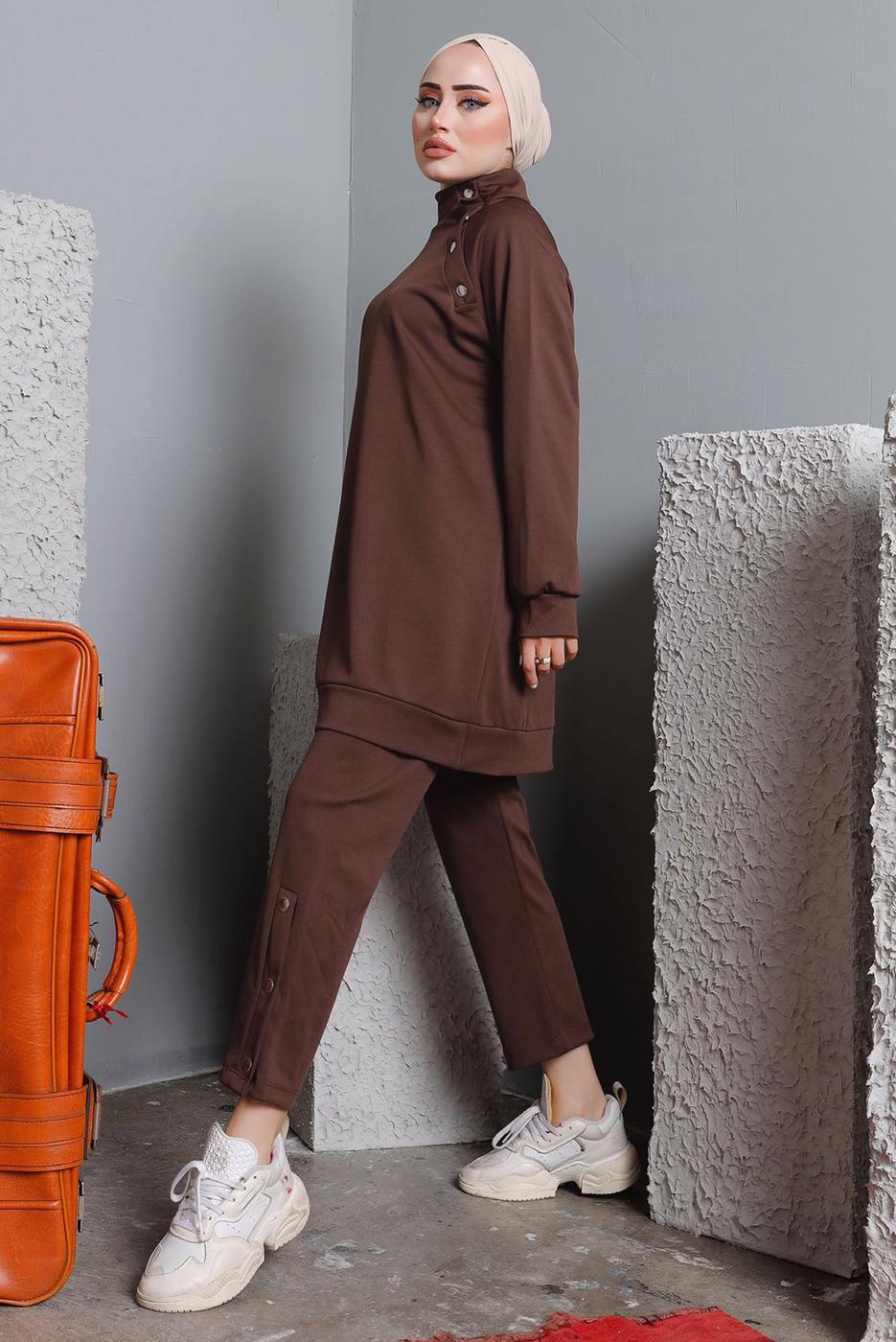 Tesettür giyim KAHVE BALIKÇI YAKA ZIMBA DETAYLI PANTOLONLU TAKIM T 7672