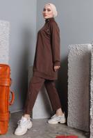 Tesettür giyim KAHVE BALIKÇI YAKA ZIMBA DETAYLI PANTOLONLU TAKIM T 7672