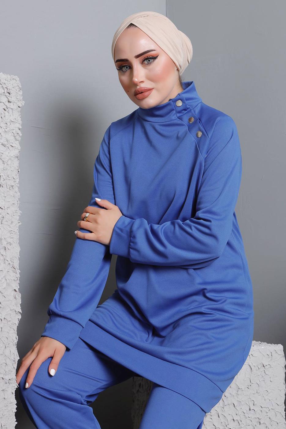 Tesettür giyim LACİVERT BALIKÇI YAKA ZIMBA DETAYLI PANTOLONLU TAKIM T 7672