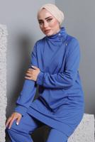 Tesettür giyim LACİVERT BALIKÇI YAKA ZIMBA DETAYLI PANTOLONLU TAKIM T 7672