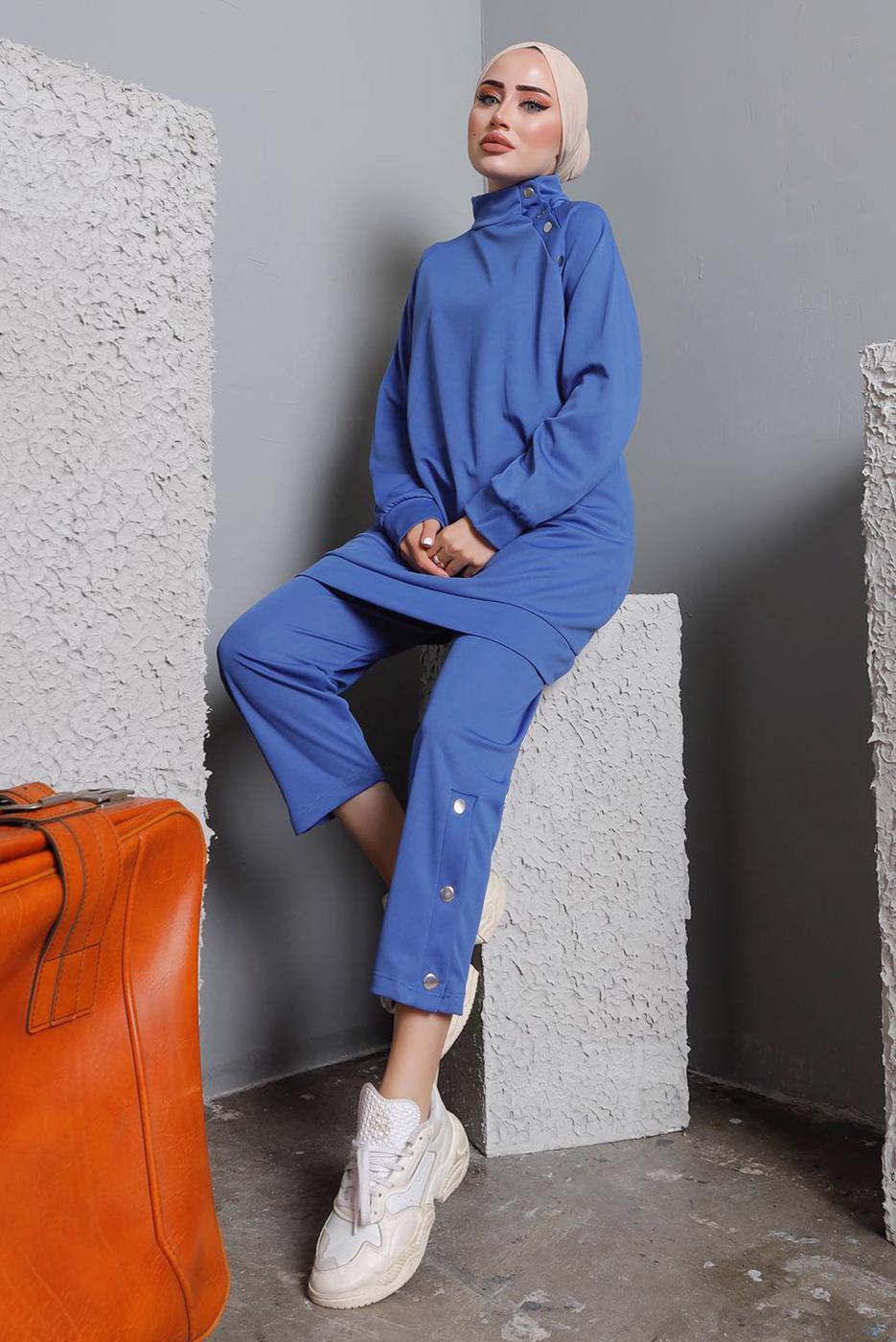 Tesettür giyim LACİVERT BALIKÇI YAKA ZIMBA DETAYLI PANTOLONLU TAKIM T 7672