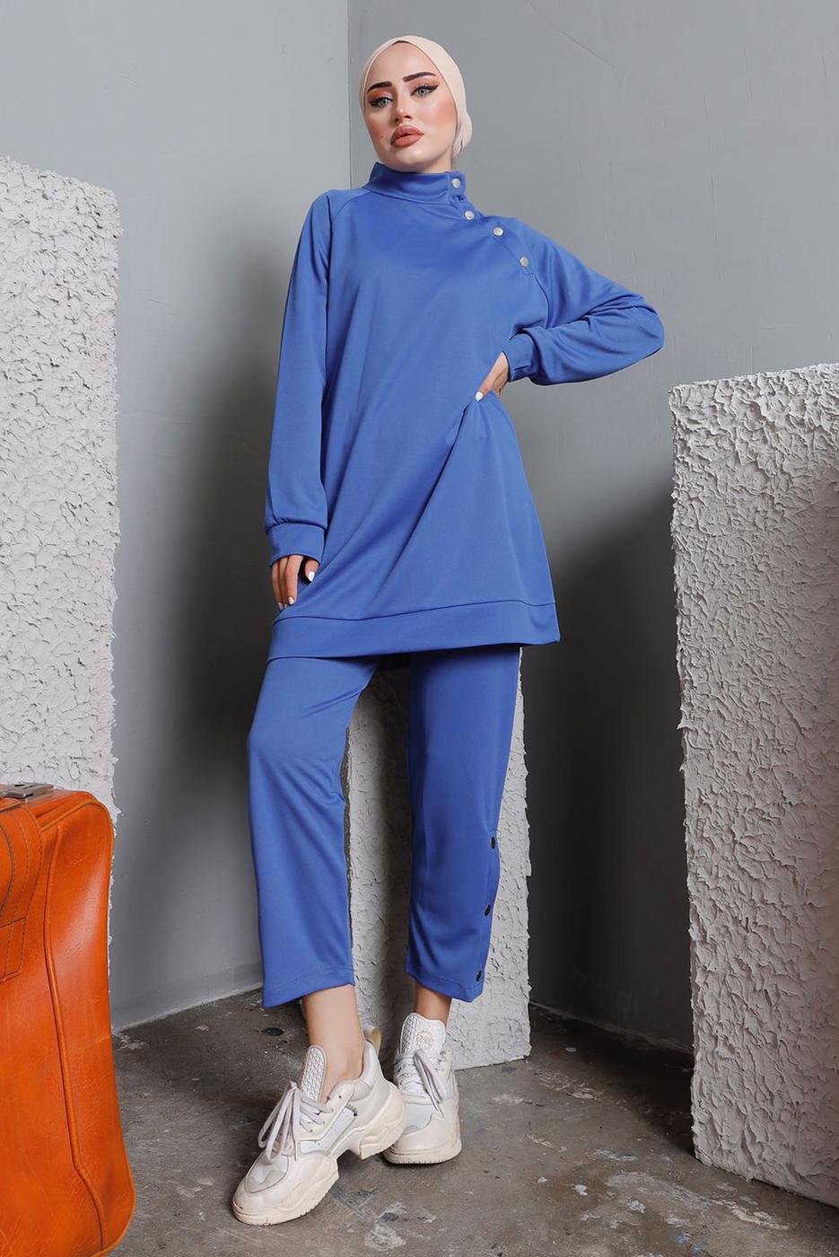 Tesettür giyim LACİVERT BALIKÇI YAKA ZIMBA DETAYLI PANTOLONLU TAKIM T 7672