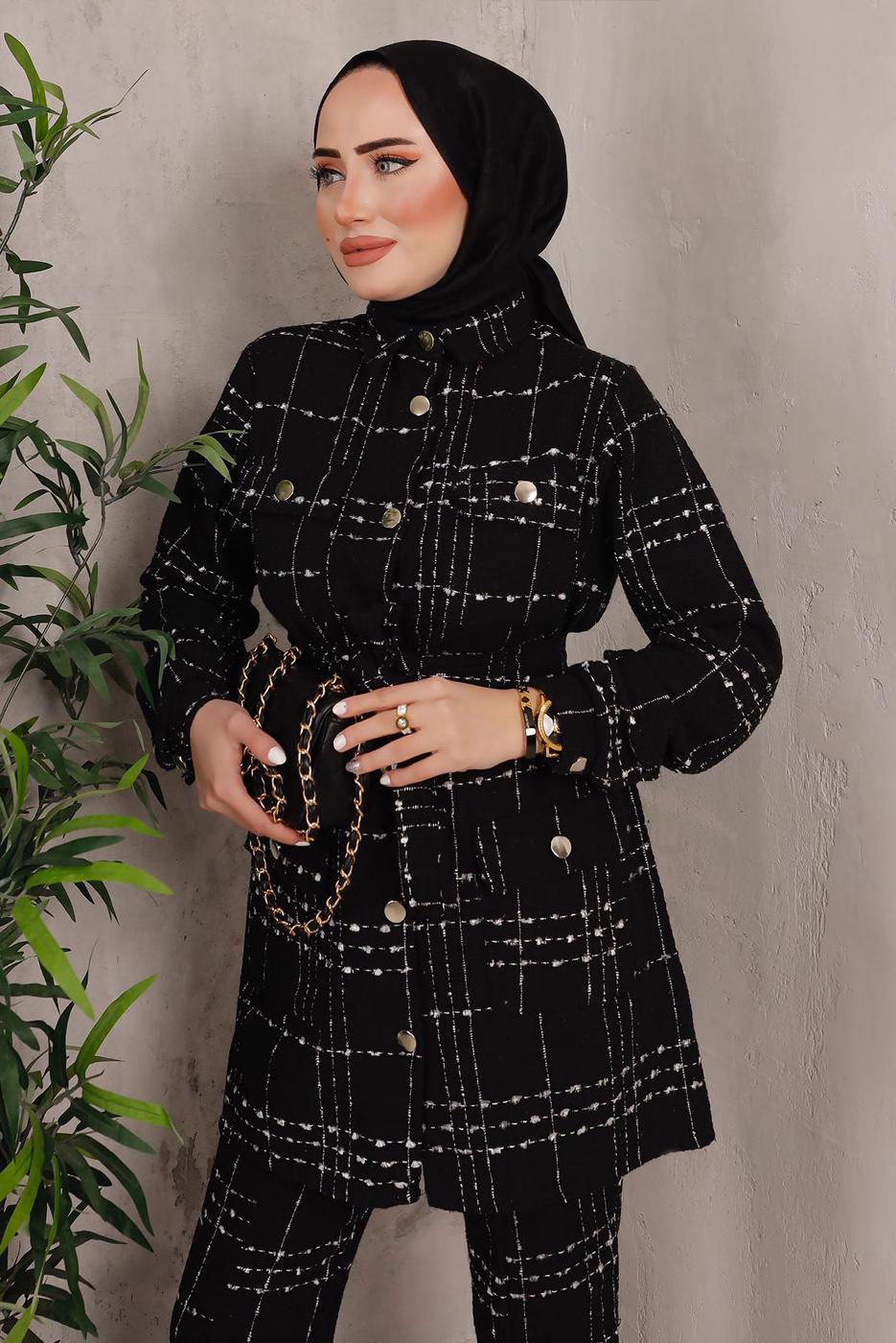 Tesettür giyim SİYAH EKOSE DESENLİ KUŞAKLI PANTOLON TAKIMI T 7782 