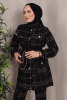 Tesettür giyim SİYAH EKOSE DESENLİ KUŞAKLI PANTOLON TAKIMI T 7782 