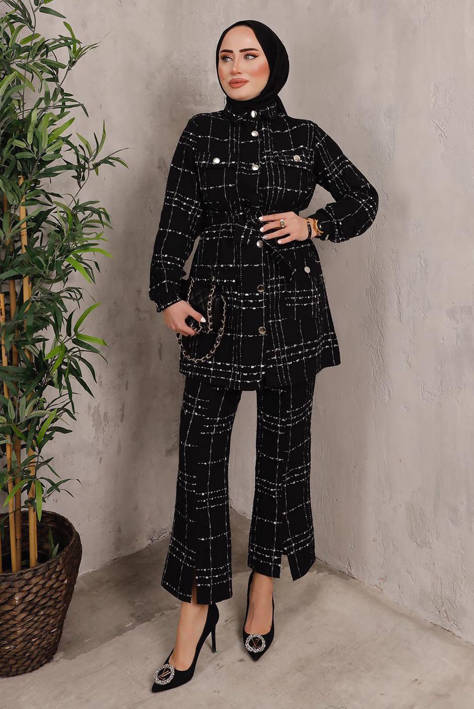Tesettür giyim SİYAH EKOSE DESENLİ KUŞAKLI PANTOLON TAKIMI T 7782 