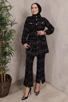 Tesettür giyim SİYAH EKOSE DESENLİ KUŞAKLI PANTOLON TAKIMI T 7782 