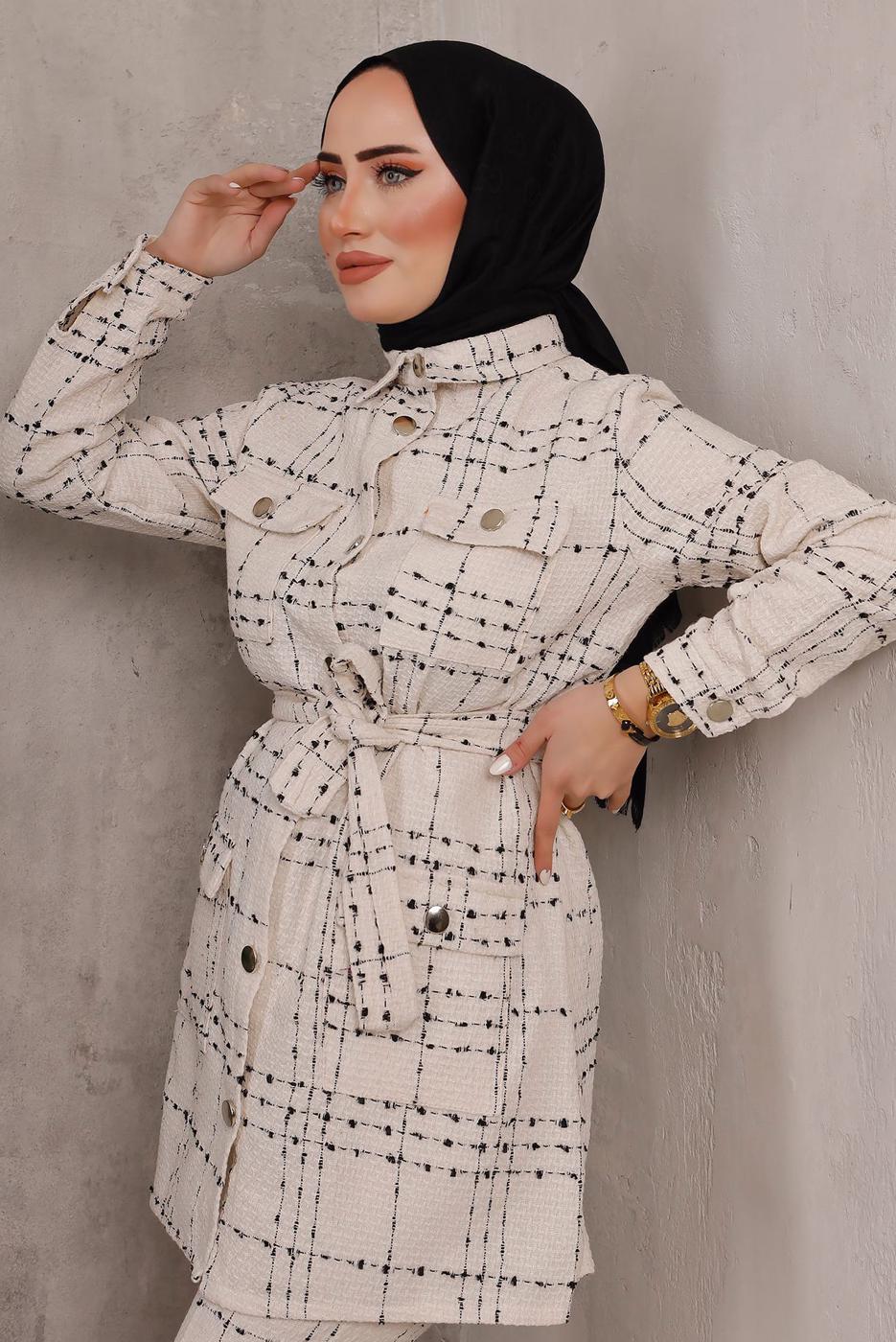 Tesettür giyim EKRU EKOSE DESENLİ KUŞAKLI PANTOLON TAKIMI T 7782 