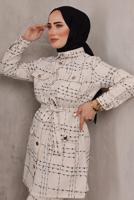 Tesettür giyim EKRU EKOSE DESENLİ KUŞAKLI PANTOLON TAKIMI T 7782 